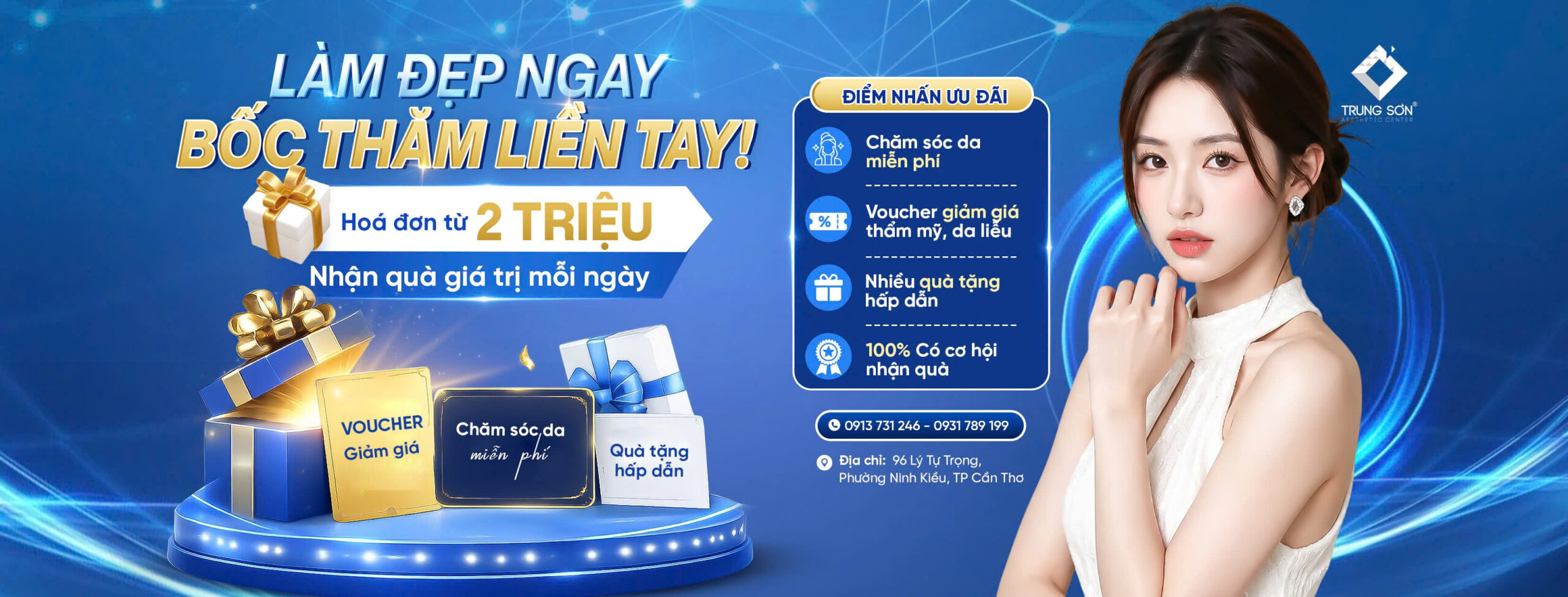 Hình ảnh chương trình ưu đãi làm đẹp Trung Sơn dành cho khách hàng có hóa đơn từ 2 triệu đồng, với cơ hội nhận chăm sóc da miễn phí, voucher giảm giá thẩm mỹ, da liễu và nhiều phần quà hấp dẫn.